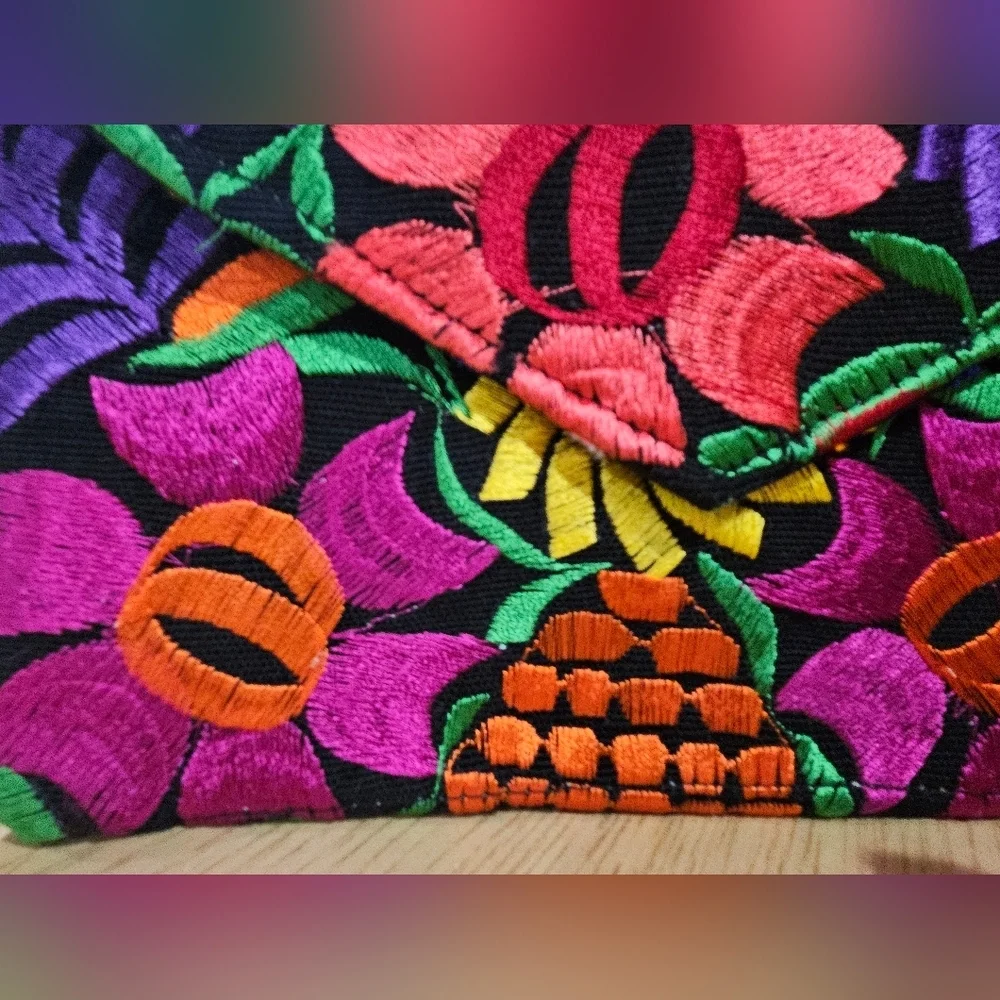 Handmade Mexican Embroidered Floral Clutch Black Multicolor Boho Artisan Bag